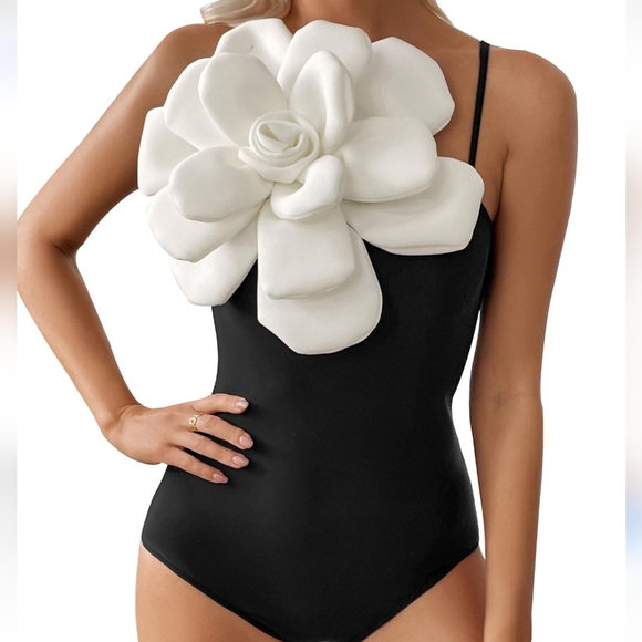 Other - Black Swimsuit with White Floral Accent
